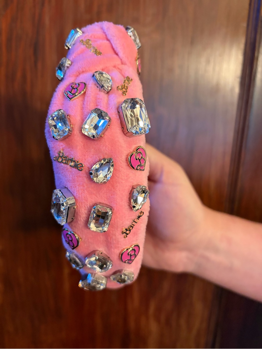 Lele Sadoughi Barbie Pink Jeweled Plush Hairband with Clear Gem Accents